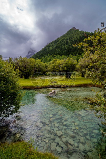 流动的闪电水四川道强县亚丁自然保护区的河流经山林和牧草流向四川道成县图片