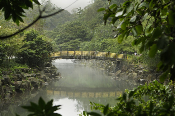 在韩国济州岛的一条河流上横跨座有黄护栏的桥梁这座由丛林中的树枝构筑而成自然传统的公园图片