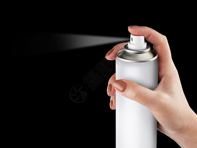 白色喷雾可隔离在妇女手上的黑色背景气溶胶喷雾罐金属瓶涂料具有剪切路径的现实照片图像能喷嘴头发图片