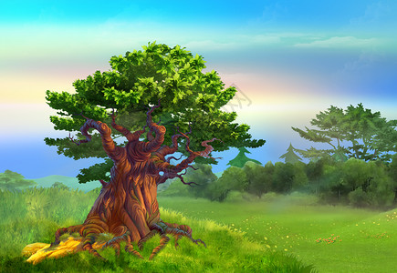 天空在阳光明媚的一天数字绘画背景的一个草原上在座山独立橡树的大卡通风格字符插图清楚的公园图片