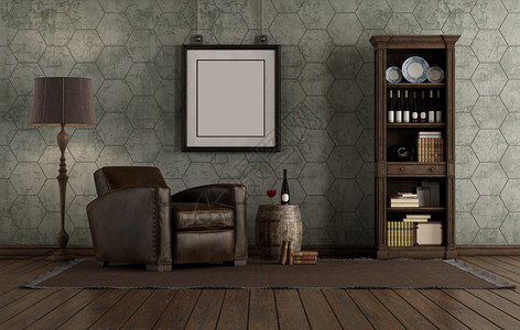 优雅的Retro风格客厅用皮椅和书架对着旧墙壁3D制成Retro风格客厅用皮椅子和书架葡萄酒渲染图片