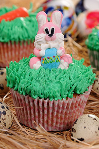 糖果披着松饼装饰的复活节兔子坐在草地上着食物图片