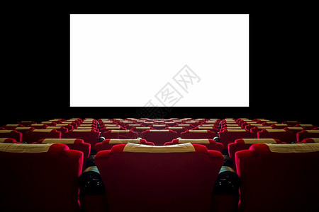 黑暗的带有红色座位和宽白屏幕的电影厅礼堂投仪图片