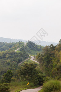 天空的自然山上弯曲道路在山上拐弯两边都有树的山上公路图片