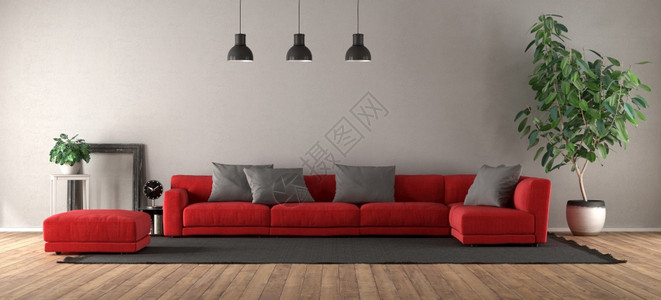 简约客厅活的硬木空现代客厅黑地毯上有红色沙发3D为现代客厅红沙发背景