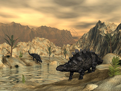 树插图白垩纪日落前在沙漠的池塘旁曲奇龙恐3D化成三巨龙恐3D化成三维图片
