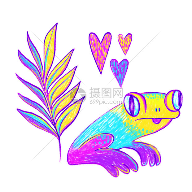 叶子明亮的手画出动物和植时装设计图一套插关于男孩奇迹主题蛙心棕榈枝卡通片花的图片