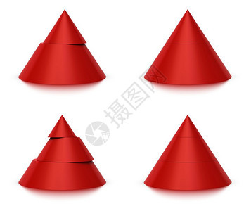 3d锥形切片红色金字塔2或3三层白色背景和反射锥形切片2层秩形象的等级图片