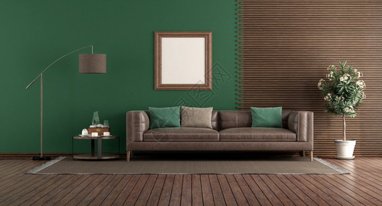 公寓木制的绿色起居室在木板面前有皮沙发3D为绿色起居室提供皮沙发现代的图片