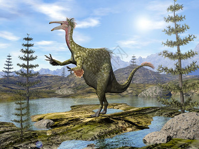 风景优美Deinocheirus恐龙每天在卡兰米树的池塘中行走3D使Deinocheirus恐龙变成3D史前灾祸图片