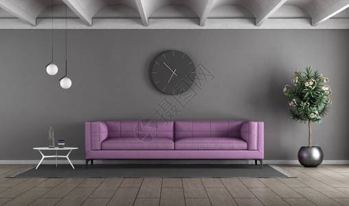 现代的地面客厅用紫色沙发抵在灰墙上3D以紫色沙发换客厅建筑学图片