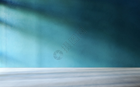 抽象的店铺现代蓝色纹身墙灰水泥地板作为展示产品的地方灯光通过窗口3D插图而亮出图片