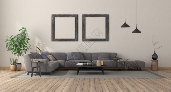 墙上有现代沙发咖啡桌和空白图片框的最小客厅3D使最小型客厅有大沙发极简主义者现代的优雅图片