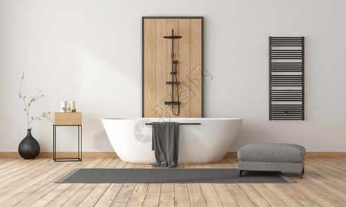 墙当代的带浴缸和淋装饰木板和黑色散热器的最小厕所带有浴缸和淋装饰木板和黑色散热器3天白色的图片