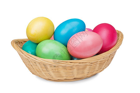 喜庆的白底被孤立摇篮中多彩色复活节鸡蛋快乐的绿色图片