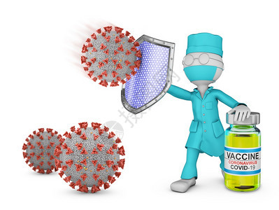 健康风险疫苗接种有防护盾疫苗和3D型冠状细胞的医生图片
