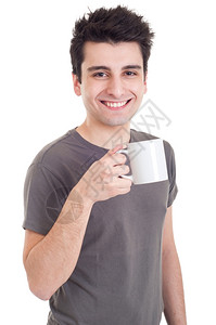 美丽华的青年带着咖啡茶杯的笑着闲人在白色背景上被孤立背景图片