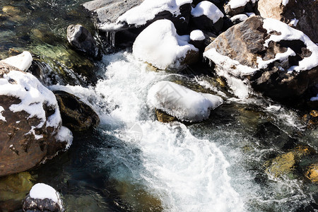 旅行级联冬季的山河冷水流在岩石之间山上游过河流冷冻图片