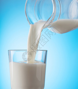 滴乳制品液体健康天然食物的理念从水壶倒到蓝底杯子上健康的自然食物牛奶从水壶倒到蓝底杯子上图片