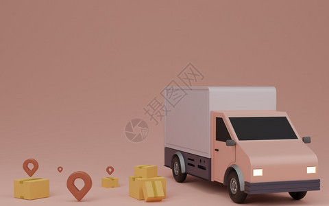 地点技术递送交付服务概念送返家庭面包车棕色箱和3D插针图片