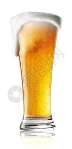 单身的品脱高架啤酒杯含泡沫喷洒在白色背景上隔绝的白玻璃杯高架啤酒含泡沫喷洒棕色的图片