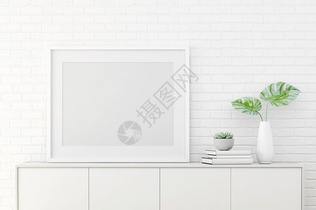 3份模拟室内客厅设计图案白色墙上贴有图片框白色的沙发地面图片
