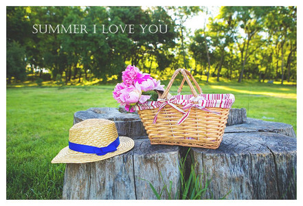 美丽的草帽和鲜花在一个篮子摊上在木立柱的夏日我爱你明亮的夏日野餐花园天葡萄酒背景图片