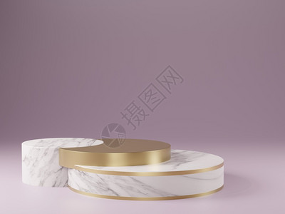 圆圈3d制成的演播室模拟供产品展示大理石和金圆台形在地板紫色上金子渲染图片