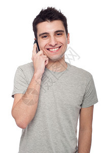 移动的年轻人闲男在电话里说白色背景下被孤立聪明的手机图片