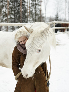 自然哺乳动物迷人的金发美女养一匹白马过冬日女骑士图片