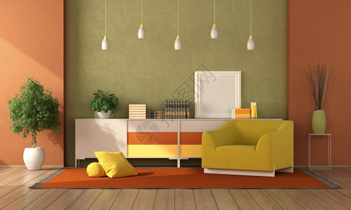 在地毯和背景的边板上摆有黄色扶手椅的多彩客厅3D配有侧板和现代扶手椅的丰富多彩客厅公寓地面家具图片