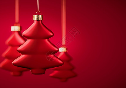 玩具三组红色圣诞球树形的布勒夫挂在绳子上与勃贡迪红色背景圣诞节装饰庆气氛概念选择焦点复制空间重可选择的图片