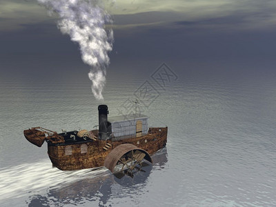 海洋老的运输在水上漂浮并生产烟雾蒸汽船的小型轮3D图片