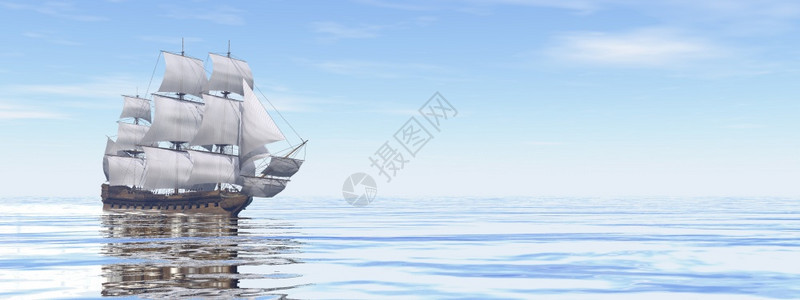 帆船白天美丽的详细旧商船3D渲染旧商船日落导航图片