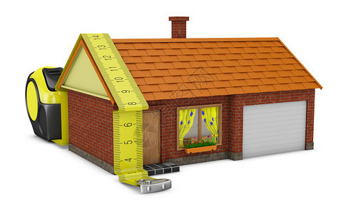 装修措施3D制成的测量磁带弯曲在房子的轮廓周围尺寸图片
