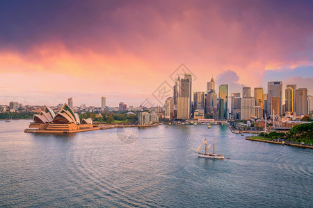 澳大利亚悉尼市中心的天际线从日落时的顶视图旅游区夜晚背景