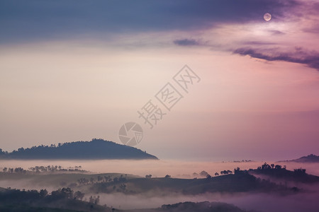 日出雾在早晨覆盖山岳和林夏天植物泰国图片