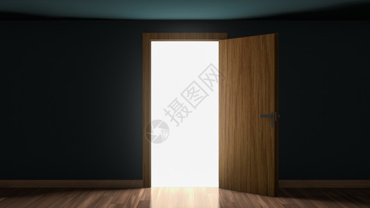 墙黑色的象征3D通过打开的门在空房中亮光黑暗打开单扇门到3D灯室插图图片