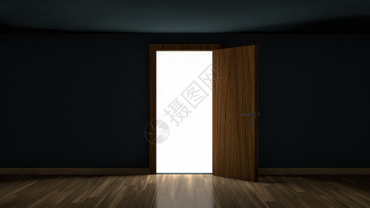 墙门口黑色的3D通过打开的门在空房中亮光黑暗打开单扇门到3D灯室插图图片