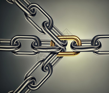 连锁链通过金接在光背景关联群体概念形象领导力概念团队精神3D设计上连接起来象征铁链条背景图片