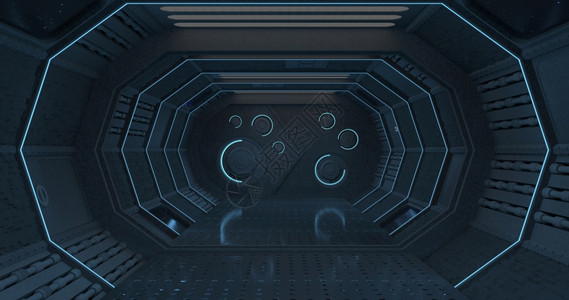 未来抽象的一艘宇宙飞船黑暗走廊内部前视图在蓝光下与一个封闭的门在背景中圆形锁3D插图一艘宇宙飞船的黑暗走廊内部视图在蓝光下与一个图片