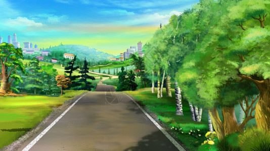 天云杉数字绘画说明在现实化的卡通风格森林附近的一条道路颜色图片