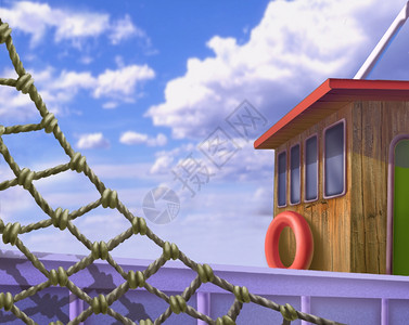 户外游艇鱼船数字绘画木制甲板的插图装有现实化卡通风格鱼网的船只图片