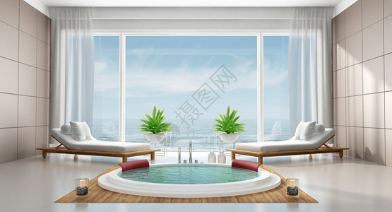 海现代的屋豪华洗手间包括圆浴缸卫生休息室和大型窗户3D图片