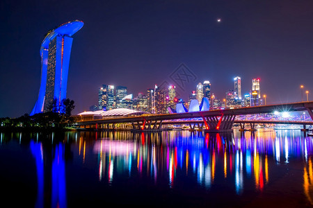 天空新加坡市中心有沙酒店摩天大楼和两座桥梁月亮美丽的夜光之在新加坡市区上空的夜晚与月亮太阳亚洲图片