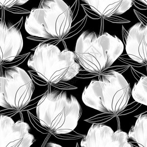 用于纺织印刷壁纸包装网络背景和其他模式的花粉设计以棉填充黑白无缝结构设计中的鲜花园形象开图片