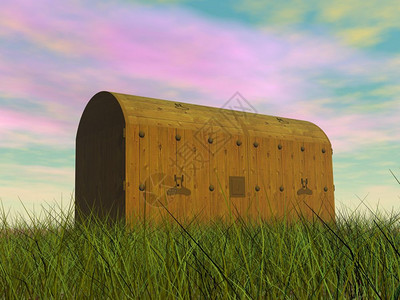 惊喜老的绿色草上一个旧木箱在日落时光的绿草上旧胸口3D图片