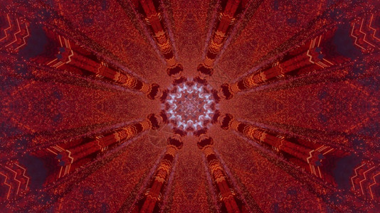 维度成形视觉的3d说明scifi红色花朵形状的带对称几何设计和电线灯光的对称几何形通道抽象背景和红花3d插图图片