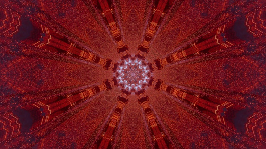 维度成形视觉的3d说明scifi红色花朵形状的带对称几何设计和电线灯光的对称几何形通道抽象背景和红花3d插图图片