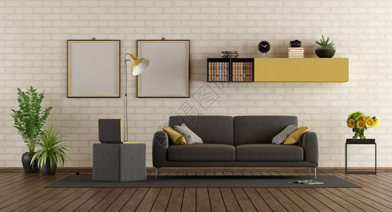 白色的居住现代客厅有灰沙发脚凳和砖墙上的笔记本电脑3D用沙发和砖墙建成现代客厅地毯图片